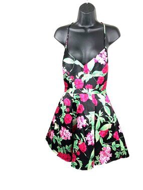 Floral Satin look Mini Dress With Lace Back V-Neck Spaghetti Straps Black/Rose P